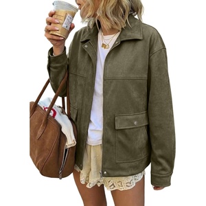 EVALESS Womens Faux Suede Jacket Fall Fashion Casual Winter Coats Outerwear | Vintage Trendy Lapel Collar Zip Up Bomber Jackets with Pockets,Loose Fit Travel Western Cowgirls Outfits,Business Casual(Green)