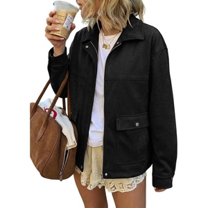 EVALESS Womens Faux Suede Jacket Fall Fashion Casual Winter Coats Outerwear | Vintage Trendy Lapel Collar Zip Up Bomber Jackets with Pockets,Loose Fit Travel Western Cowgirls Outfits,Business Casual(Black)