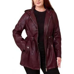 Faux Leather Jacket Women Plus Size Hooded Moto Biker Coat | PU faux leather,long sleeves,adjustable drawstring waist,attached hood,zipper closure,side storage pockets(Purple Red 165)
