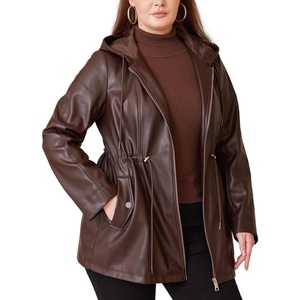 Faux Leather Jacket Women Plus Size Hooded Moto Biker Coat | PU faux leather,long sleeves,adjustable drawstring waist,attached hood,zipper closure,side storage pockets(Brown 165)