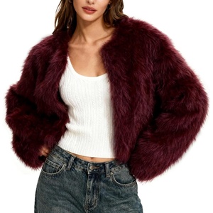 Flygo Womens Faux Fur Coat Winter Warm Cropped Fluffy Shaggy Jacket | Smooth Lining, Open Front Long Sleeve, Snap Button, 2 Pockets, 2026 Luxury Fuzzy Outerwear Cardigan, Going Out, Wedding Party(Wine)