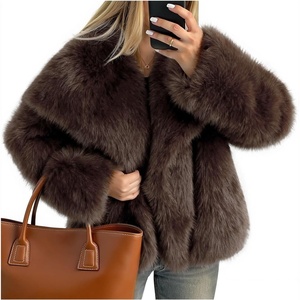 Kissonic Women Faux Fur Coat Lapel Collar Shaggy Warm Short Fluffy Jacket | Long Sleeve, Snap Button, Open Front, Solid Color, Fuzzy Ladies Outerwear, Winter Luxury Outfits(Brown)