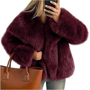Kissonic Women Faux Fur Coat Lapel Collar Shaggy Warm Short Fluffy Jacket | Long Sleeve, Snap Button, Open Front, Solid Color, Fuzzy Ladies Outerwear, Winter Luxury Outfits(Winered)