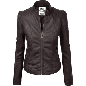 MBJ Womens Faux Leather Zip Up Moto Biker Jacket With Stitching DetaiL(Wjc746_coffee)