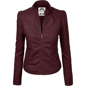 MBJ Womens Faux Leather Zip Up Moto Biker Jacket With Stitching DetaiL(Wjc746_wine)