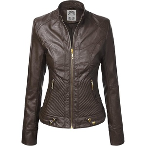 MBJ Womens Faux Leather Zip Up Moto Biker Jacket With Stitching DetaiL(Wjc747_coffee)