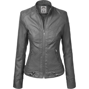MBJ Womens Faux Leather Zip Up Moto Biker Jacket With Stitching DetaiL(Wjc747_grey)