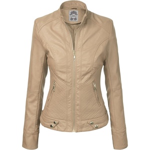 MBJ Womens Faux Leather Zip Up Moto Biker Jacket With Stitching DetaiL(Wjc747_khaki)