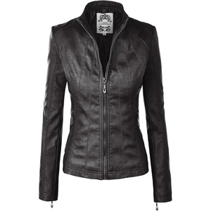 MBJ Womens Faux Leather Zip Up Moto Biker Jacket With Stitching DetaiL(Wjc877_black)