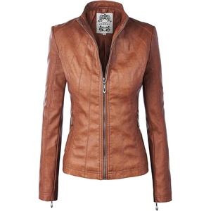 MBJ Womens Faux Leather Zip Up Moto Biker Jacket With Stitching DetaiL(Wjc877_camel)