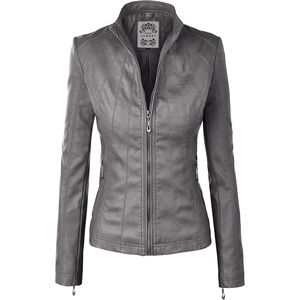 MBJ Womens Faux Leather Zip Up Moto Biker Jacket With Stitching DetaiL(Wjc877_grey)