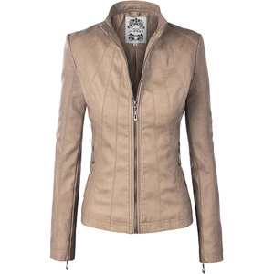 MBJ Womens Faux Leather Zip Up Moto Biker Jacket With Stitching DetaiL(Wjc877_khaki)