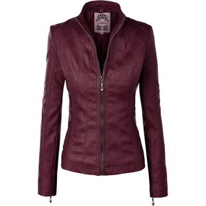 MBJ Womens Faux Leather Zip Up Moto Biker Jacket With Stitching DetaiL(Wjc877_wine)