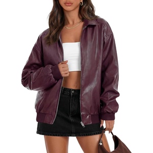 MEROKEETY Womens Fall Winter Oversized Faux Leather Bomber Jacket Coat 2026 | Zip Up, Long Sleeves, Loose, Solid, Medium weight, Motorcycle Jackets, Trendy, Boyfriend Style, Fashion Outfit Clothes(Burgundy)