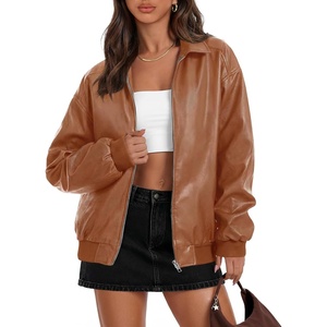 MEROKEETY Womens Fall Winter Oversized Faux Leather Bomber Jacket Coat 2026 | Zip Up, Long Sleeves, Loose, Solid, Medium weight, Motorcycle Jackets, Trendy, Boyfriend Style, Fashion Outfit Clothes(Caramel)