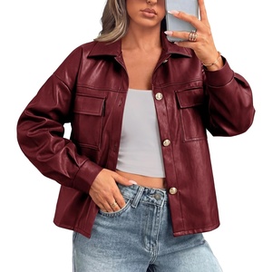 PRETTYGADEN Women’s Button Down Faux Leather Jacket | Fall Fashion Turn Down Collar Winter Coats, Patch Pockets Motorcycle Bomber Jackets, Casual Spring Holiday Travel Outerwear(Burgundy)