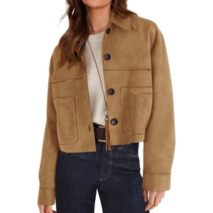 PRETTYGARDEN Women’s Faux Suede Lightweight Cropped Jacket | Button Down Collared Shacket, Oversized Casual Outerwear, Patch Pocket, Transitional Layering Piece for Spring, Fall & Winter(Khaki)