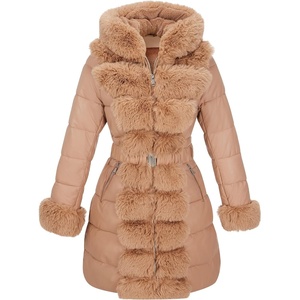 RISISSIDA Women Winter Puffer Leather Coat with Fur Trim Hooded | Cold-resistant,Faux Fur Lined Long Quilted Puffy Jacket,Warm Collar Down Thicken Bubble Overcoat for Extreme Weather,Girdle(Apricot Orange)