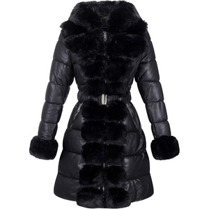 RISISSIDA Women Winter Puffer Leather Coat with Fur Trim Hooded | Cold-resistant,Faux Fur Lined Long Quilted Puffy Jacket,Warm Collar Down Thicken Bubble Overcoat for Extreme Weather,Girdle(Black)