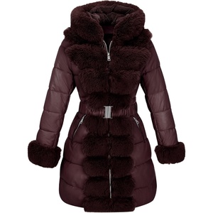 RISISSIDA Women Winter Puffer Leather Coat with Fur Trim Hooded | Cold-resistant,Faux Fur Lined Long Quilted Puffy Jacket,Warm Collar Down Thicken Bubble Overcoat for Extreme Weather,Girdle(Burgundy Wine)
