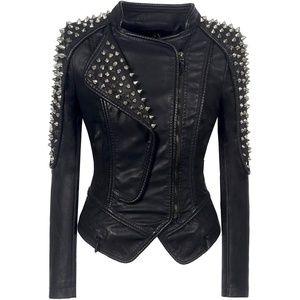 SX New Punk Rivet faux leather PU Jacket Women fashion Biker Jacket Black Slim Fit Streetwear Coat(Black)