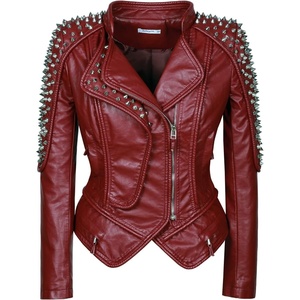 SX New Punk Rivet faux leather PU Jacket Women fashion Biker Jacket Black Slim Fit Streetwear Coat(Wine)