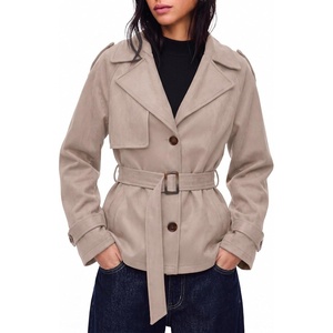 Simplee Womens Faux Suede Jacket Fall Short Trench Coat with Belt | Long Sleeve, Faux Leather, Winter Casual Work Outerwear, Lapel Collar, Button Down, Lightweight, Wrinkle-resistant, Pocket(Grey Apricot)
