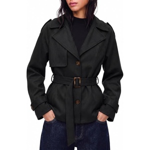 Simplee Womens Faux Suede Jacket Fall Short Trench Coat with Belt | Long Sleeve, Faux Leather, Winter Casual Work Outerwear, Lapel Collar, Button Down, Lightweight, Wrinkle-resistant, Pocket(Black)