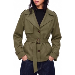 Simplee Womens Faux Suede Jacket Fall Short Trench Coat with Belt | Long Sleeve, Faux Leather, Winter Casual Work Outerwear, Lapel Collar, Button Down, Lightweight, Wrinkle-resistant, Pocket(Army Green)