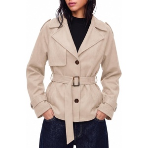 Simplee Womens Faux Suede Jacket Fall Short Trench Coat with Belt | Long Sleeve, Faux Leather, Winter Casual Work Outerwear, Lapel Collar, Button Down, Lightweight, Wrinkle-resistant, Pocket(Apricot)