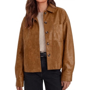 Tankaneo Womens Collared Button Down Faux Leather Jackets Casual Outwear | Lapel,Flat Chest Pocket,Long Sleeves,Fully Lined,Motorcycle Shacket,Bomber Jacket,Vintage Coat,Trendy,Fall Fashion(Brown)