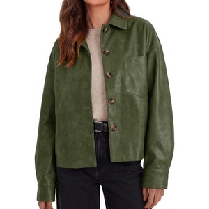 Tankaneo Womens Collared Button Down Faux Leather Jackets Casual Outwear | Lapel,Flat Chest Pocket,Long Sleeves,Fully Lined,Motorcycle Shacket,Bomber Jacket,Vintage Coat,Trendy,Fall Fashion(Army Green)