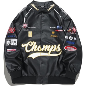 Vamtac Faux Leather Motocross Jackets Oversized Vintage Racing Varsity Bomber Coat Men Trendy Streetwear(Black)