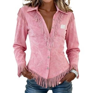 Western Tops for Women Y2K Slim Fit Lapel V Neck Suede Fringe Cowgirl Shirt | Tassel Suede, Raw Hem, Button Up Long Sleeve, Y2K Hippie Retro, Fringed Cowboy Jacket, Work Dressy, Fall Fashion Outfits(A004-pink)