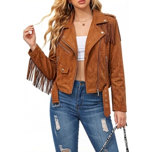 Women Faux Leather Moto Jacket Belted,Tassel Trim | Fringe Vegan PLeather Short Coat,Zipper Up,Lapel Collar,Western Country Concerts,Fall Spring Fashion(Brown-suede Fabric)