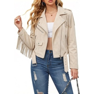 Women Faux Leather Moto Jacket Belted,Tassel Trim | Fringe Vegan PLeather Short Coat,Zipper Up,Lapel Collar,Western Country Concerts,Fall Spring Fashion(Off White-suede Fabric)