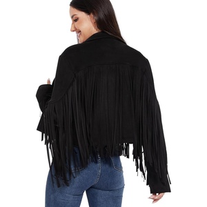 Women Fringe Leather Jacket Faux Suede Cowgirl Outfits | Boho Western Cropped Coat Country Concert Wear(Black)