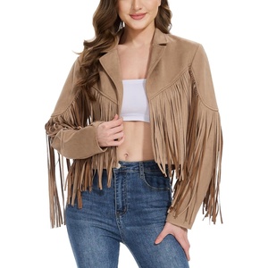 Women Fringe Leather Jacket Faux Suede Cowgirl Outfits | Boho Western Cropped Coat Country Concert Wear(Camel)