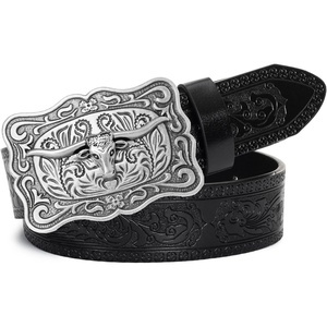 Women-Western-Belts Turquoise Oval Buckle Cowboy-Leather-Belt Dress Jeans | western outfits belt, faux leather, floral embossed pattern, adjustable fit, belts for rodeos, festivals country events(Black-2)