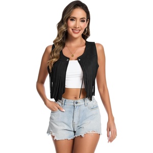 Women’s 70s Hippie Vest Disco Outfits Fringe Vest 60s Faux Suede Sleeveless Tassel Cowgirl Jacket Party Halloween(Black)