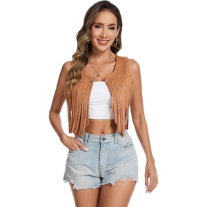 Women’s 70s Hippie Vest Disco Outfits Fringe Vest 60s Faux Suede Sleeveless Tassel Cowgirl Jacket Party Halloween(Brown)
