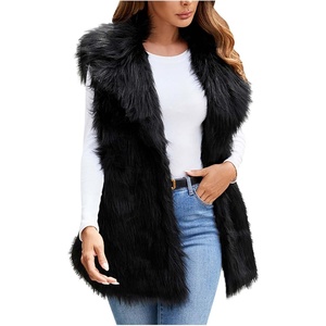Women’s Faux Fur Vest Fuzzy Fleece Jacket Lapel Furry Jacket Open Front Cardigan Trendy Winter Coats Warm Vest(Black)