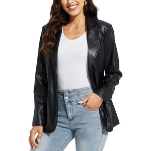 Women’s Faux Leather Blazer, Vintage Moto Style Coat, S-XXL | Black Leather jacket, Soft Vegan Pleather, Oversized Casual Biker Outwear with Button Down, Daily Fashion(Black Fg)