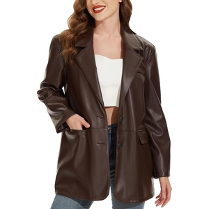 Women’s Faux Leather Blazer, Vintage Moto Style Coat, S-XXL | Black Leather jacket, Soft Vegan Pleather, Oversized Casual Biker Outwear with Button Down, Daily Fashion(Coffee-vm)