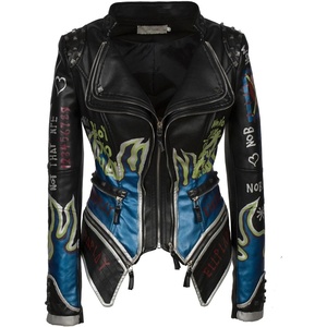 Women’s Faux Leather Hand Painted Graffiti Studded Jacket Pu Coat | Studded Rivet ,Lady moto jacket,slim fit,motobiker coat,steampunk style,PU Faux leather,Spring autumn Winter(Black Pu 2)