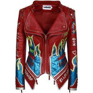 Women’s Faux Leather Hand Painted Graffiti Studded Jacket Pu Coat | Studded Rivet ,Lady moto jacket,slim fit,motobiker coat,steampunk style,PU Faux leather,Spring autumn Winter(Wine Red)