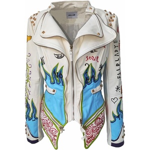 Women’s Faux Leather Hand Painted Graffiti Studded Jacket Pu Coat | Studded Rivet ,Lady moto jacket,slim fit,motobiker coat,steampunk style,PU Faux leather,Spring autumn Winter(White 2)