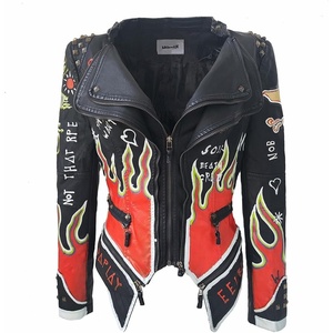 Women’s Faux Leather Hand Painted Graffiti Studded Jacket Pu Coat | Studded Rivet ,Lady moto jacket,slim fit,motobiker coat,steampunk style,PU Faux leather,Spring autumn Winter(Black Pu3)