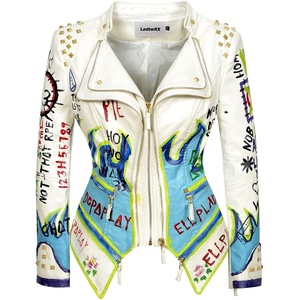 Women’s Faux Leather Hand Painted Graffiti Studded Jacket Pu Coat | Studded Rivet ,Lady moto jacket,slim fit,motobiker coat,steampunk style,PU Faux leather,Spring autumn Winter(White)