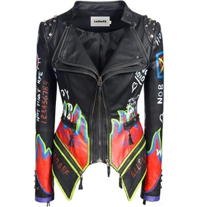 Women’s Faux Leather Hand Painted Graffiti Studded Jacket Pu Coat | Studded Rivet ,Lady moto jacket,slim fit,motobiker coat,steampunk style,PU Faux leather,Spring autumn Winter(Black)